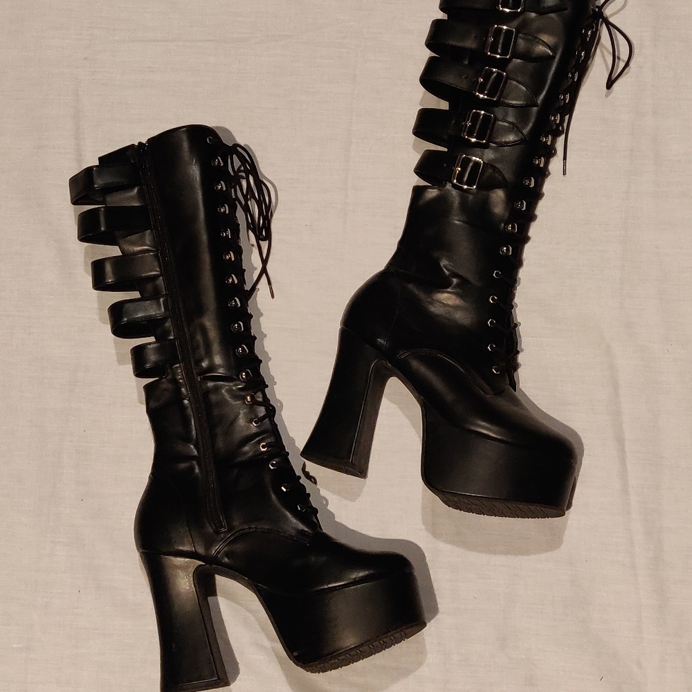 Demonia Black Heeled Boots with Buckled Calves